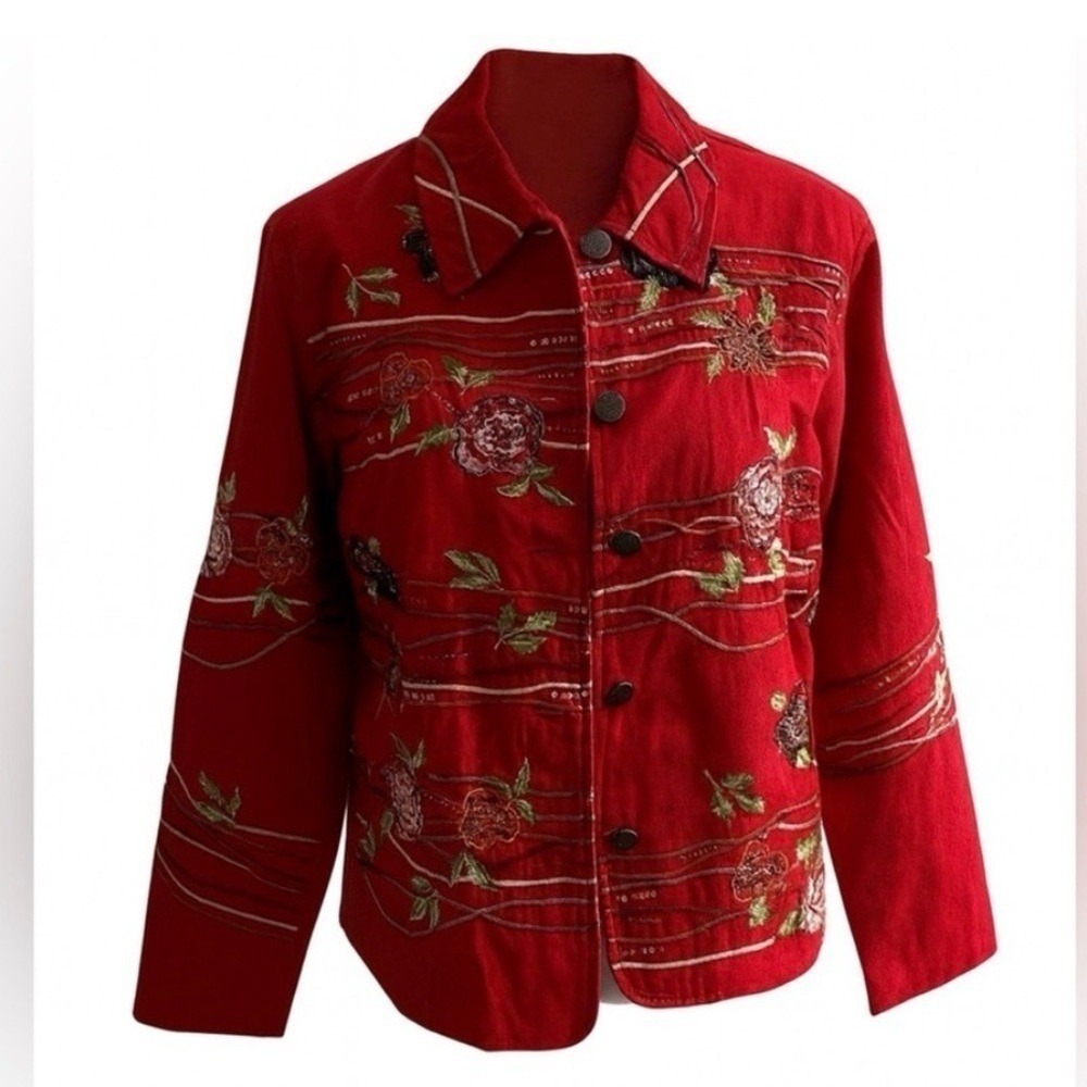 Coldwater Creek Red Embroidered Jacket PM Equestrian Boho Artsy Statement